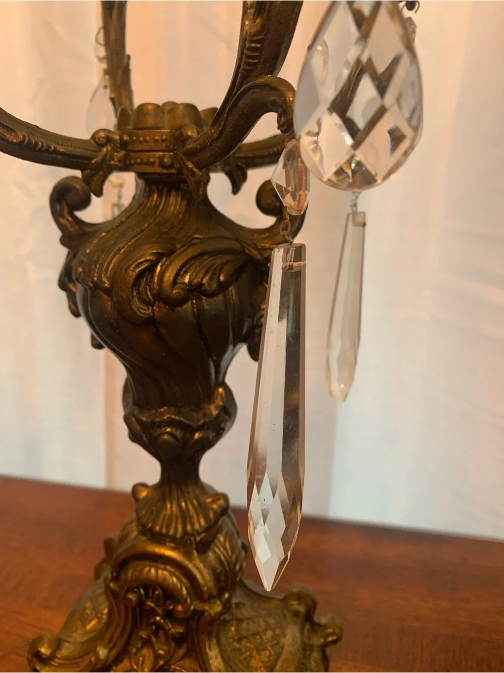 Ornate Brass Four Arm Candelabra Pair in Gold.  Glass tear drops